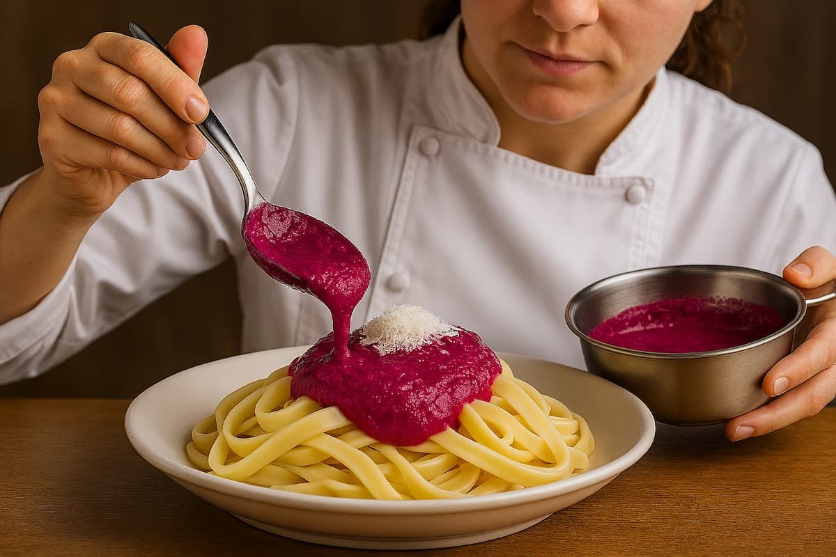 Tallarines con salsa remolacha