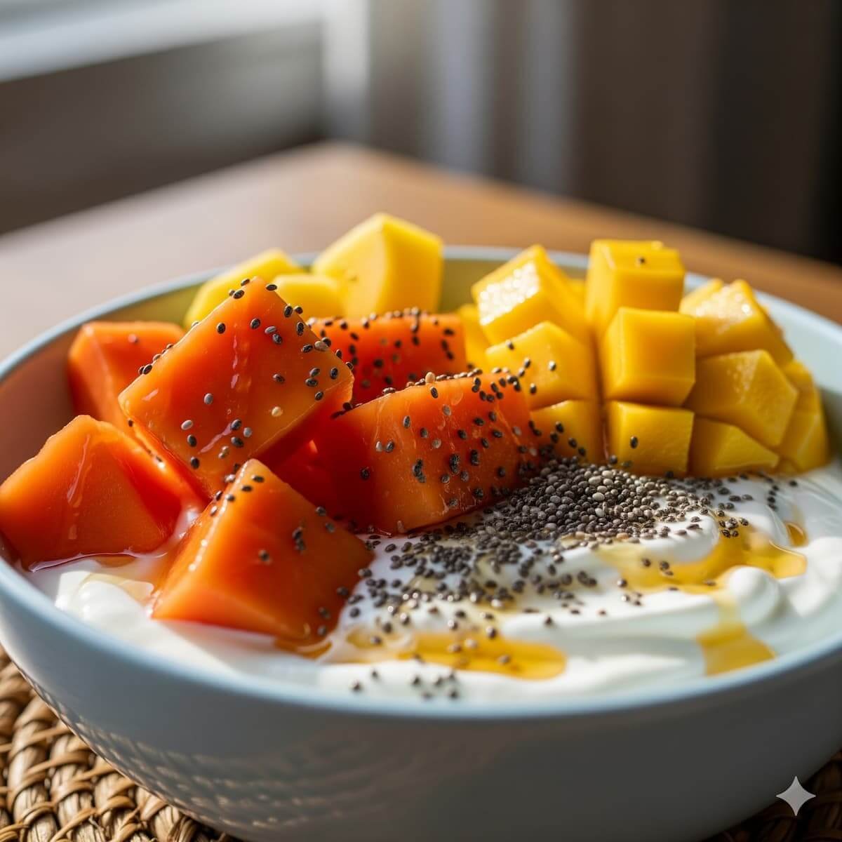 Desayuno-saludable-con-papaya-mango-y-yogur-griego-semillas-de-chia
