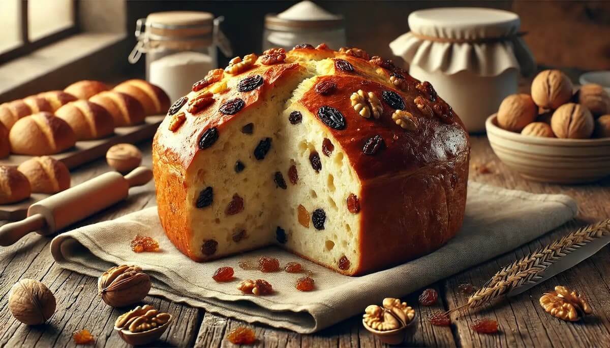 Receta de pan dulce con pasas y nueces, perfecto para una mesa festiva