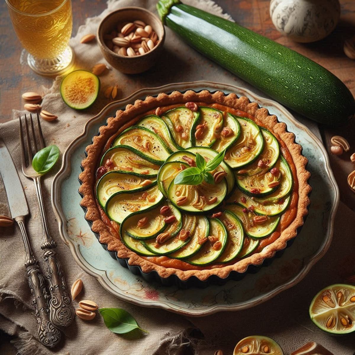 Tarta casera de zucchini con harina integral servida en un plato rústico con ensalada fresca