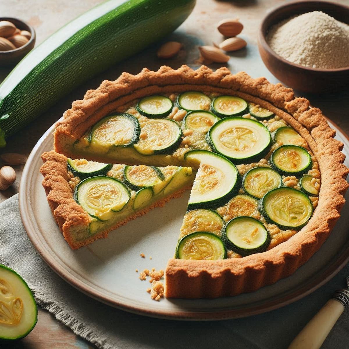 Tarta de zapallitos con harina integral recién horneada con masa crujiente y relleno cremoso