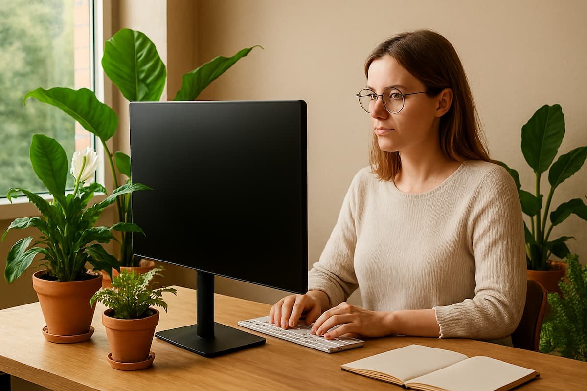 Espacio de trabajo con diseño biofílico, escritorio de madera y plantas naturales