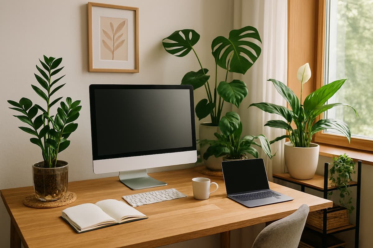 Rincón de lectura con plantas grandes y luz natural, diseño biofílico