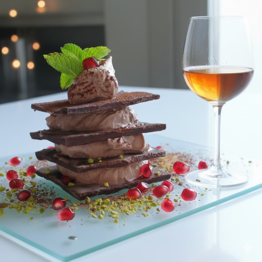 Milhojas de chocolate negro, mascarpone y granada al amaretto