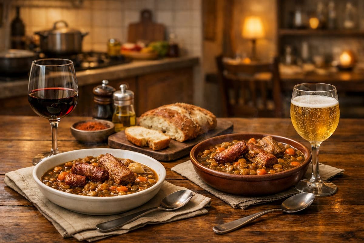 Mesa servida para dos personas con platos de guiso de lentejas con costilla y chorizo, acompañados por una copa de vino tinto y otra de sidra en un ambiente cálido de cocina.